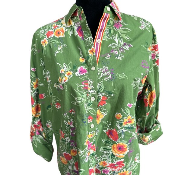 Jones New York Green Floral Medium Long Rolltab Sleeve Button Shirt - Picture 1 of 6